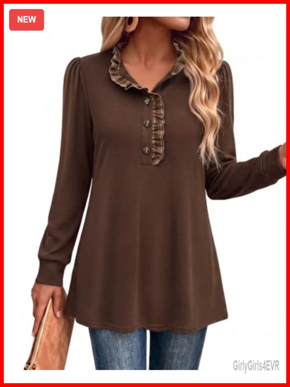 Womens Long Sleeve Tunic Sweater Button Ruffle Stand Collar Blouse